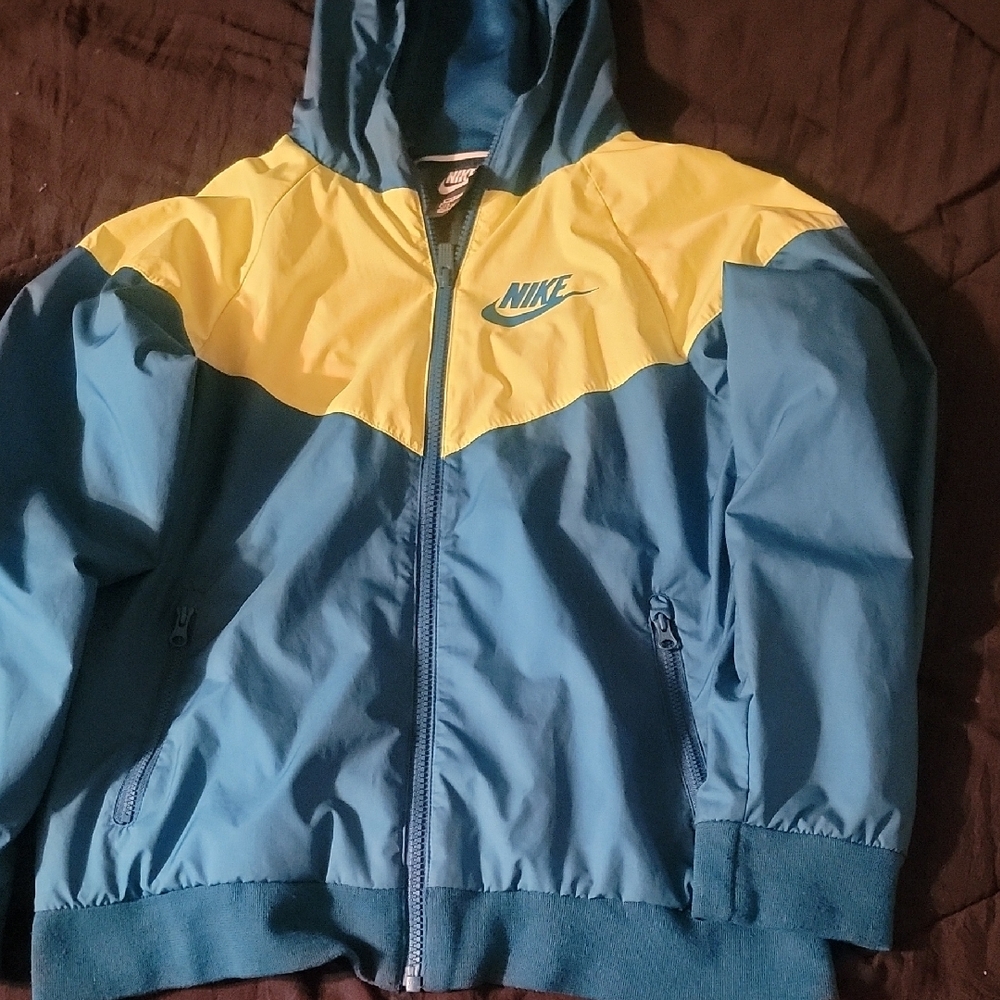 Nike Blue and Yellow Raincoat with Hood and Full-Length Zipper